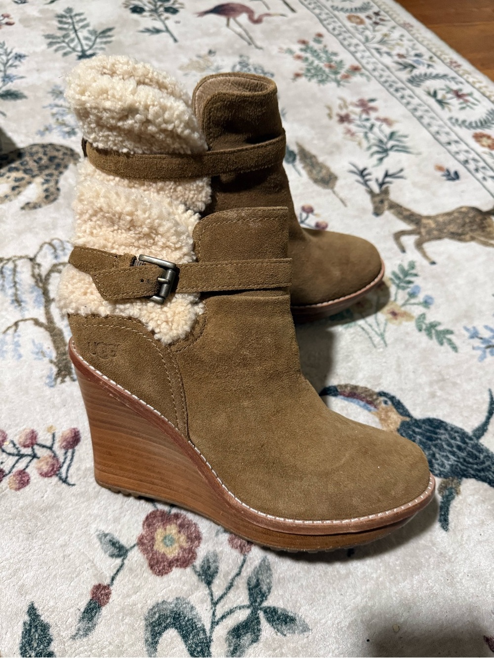 UGG Australia Brown Chestnut Suede Shearling Fur Anais Wedge Bootie US 8.5 - Picture 3 of 8